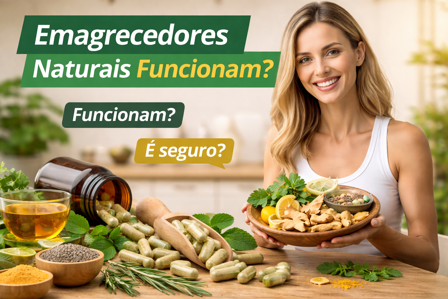 Emagrecedores naturais funcionam? Mulher com suplementos e ingredientes naturais para emagrecimento