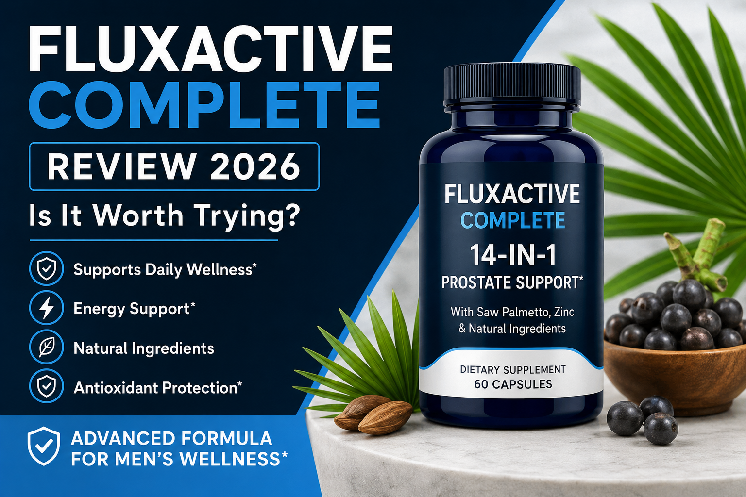 Fluxactive Complete Review 2026 men's wellness supplement bottle with natural ingredients