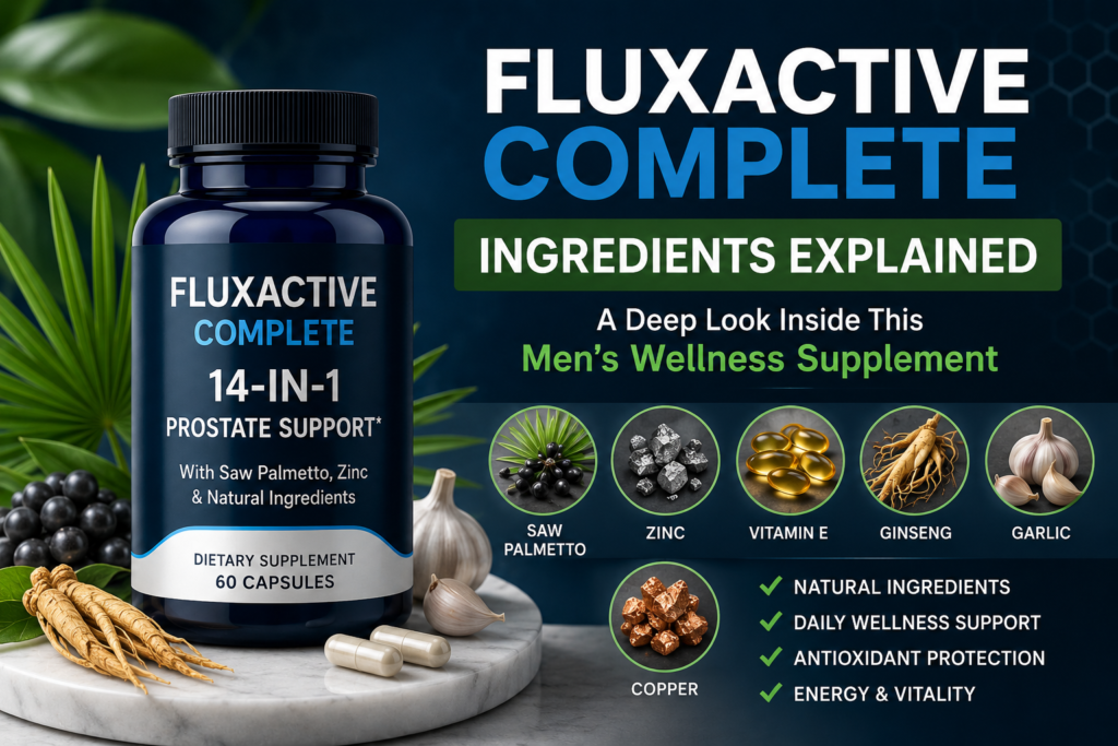 Imagem atual: Fluxactive Complete ingredients explained with Saw Palmetto Zinc Vitamin E Ginseng Garlic and men's wellness supplement bottle