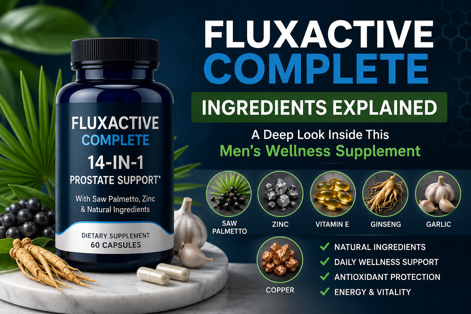 Fluxactive Complete ingredients explained with Saw Palmetto Zinc Vitamin E Ginseng Garlic and men's wellness supplement bottle