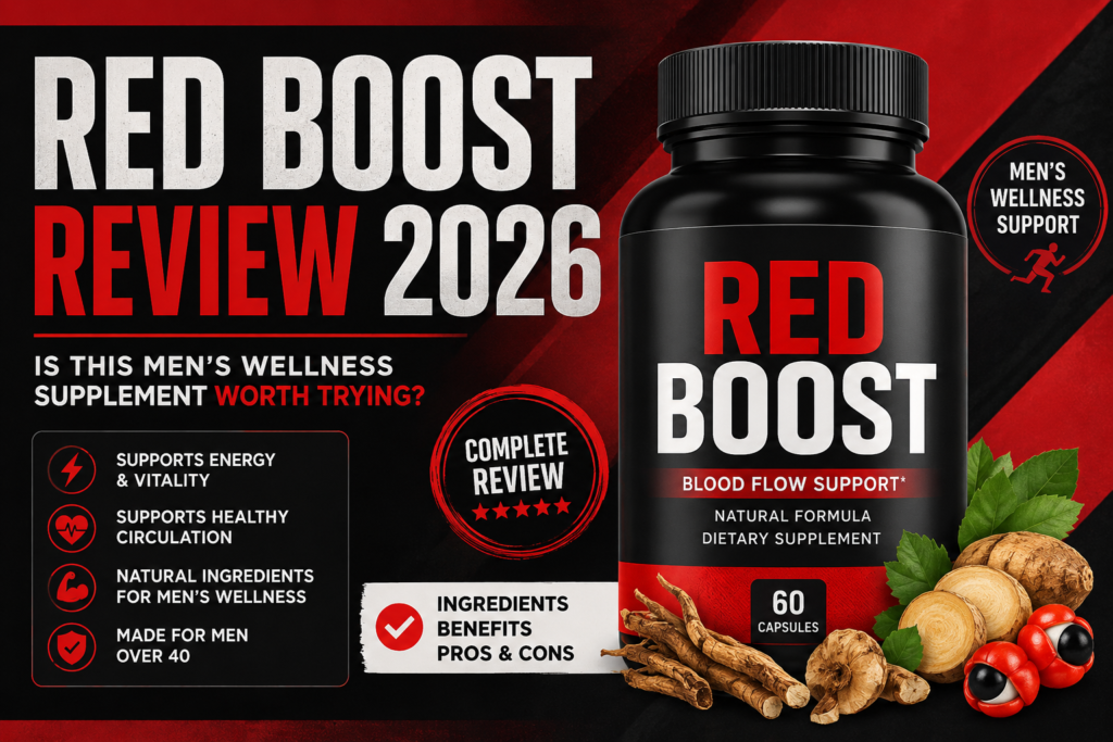 Imagem atual: Red Boost Review 2026 men's wellness supplement bottle with natural ingredients and vitality support