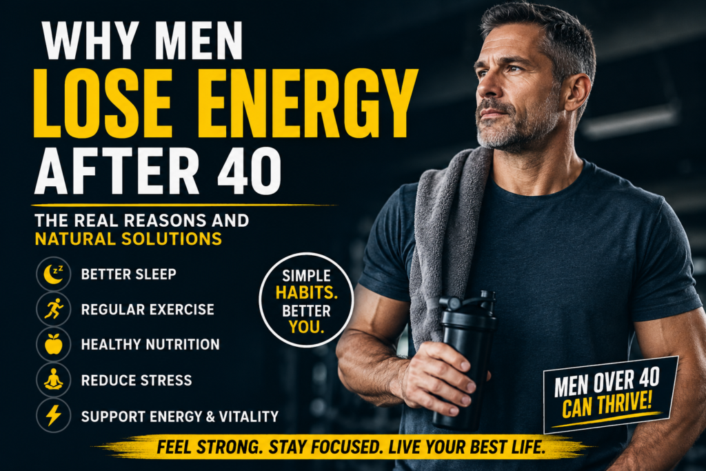 Imagem atual: Why Men Lose Energy After 40 fitness and wellness infographic with healthy lifestyle habits for men