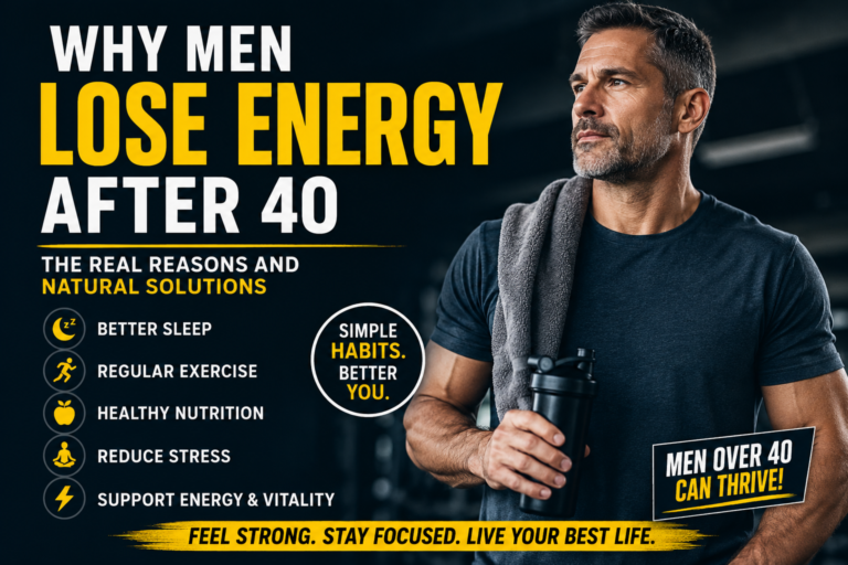 Why Men Lose Energy After 40 fitness and wellness infographic with healthy lifestyle habits for men