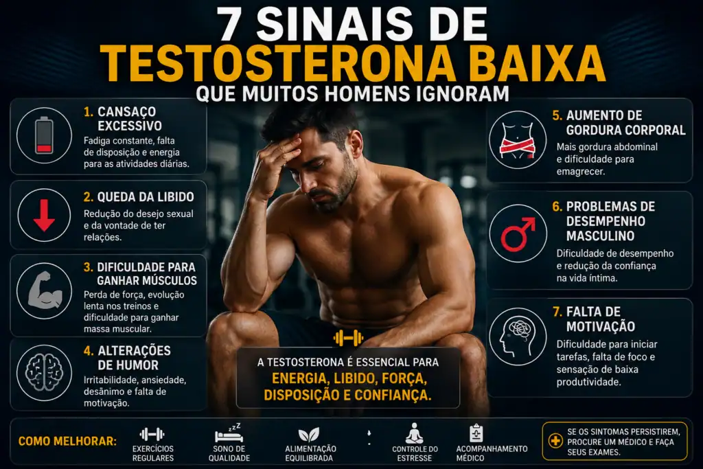 Imagem atual: Homem preocupado em academia representando os 7 sinais de testosterona baixa e seus impactos na energia, libido, força e performance masculina.