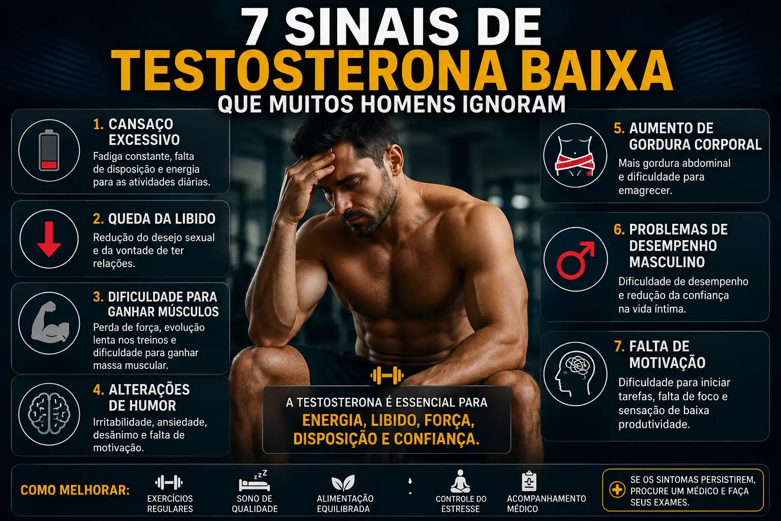 Homem preocupado em academia representando os 7 sinais de testosterona baixa e seus impactos na energia, libido, força e performance masculina.