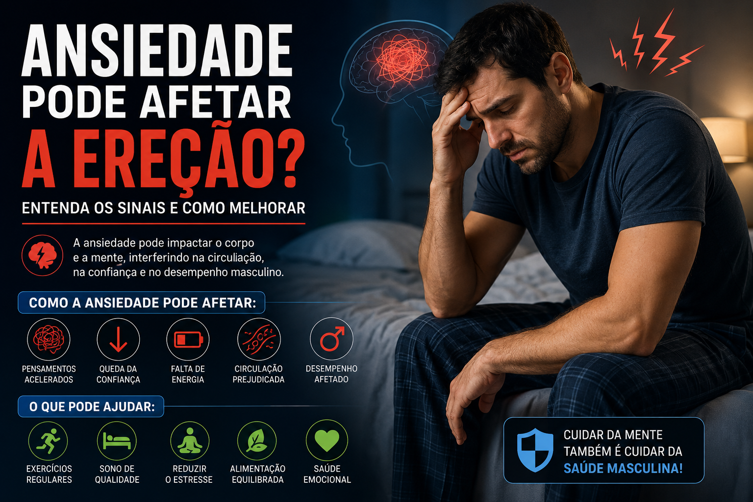 Homem preocupado sentado na cama representando como a ansiedade pode afetar a ereção, a confiança e o desempenho masculino.