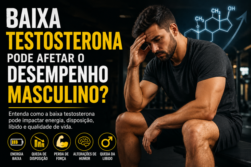 Imagem atual: Baixa testosterona pode afetar o desempenho masculino em homem preocupado sentado na academia com expressão de cansaço e desânimo