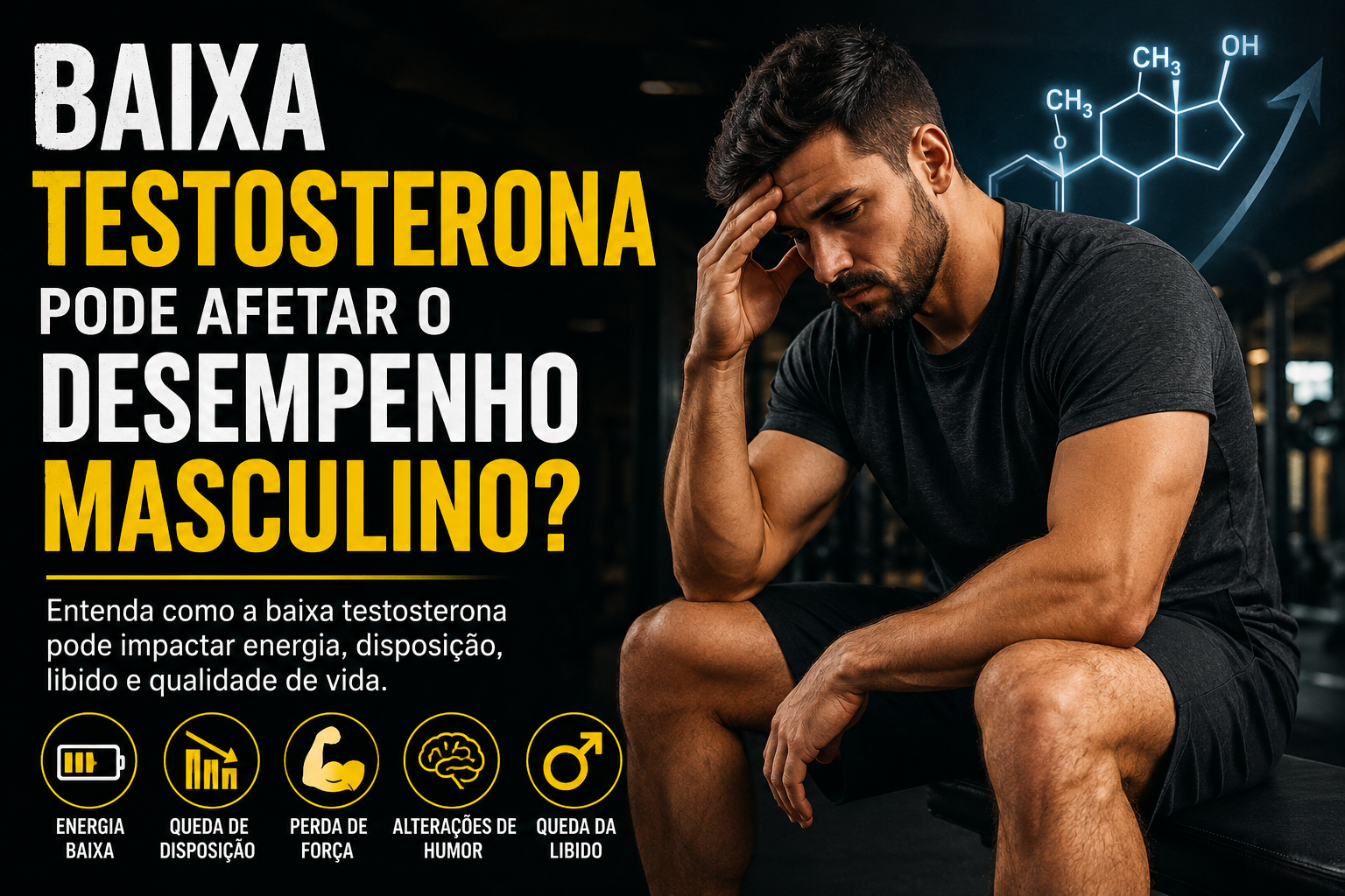 Baixa testosterona pode afetar o desempenho masculino em homem preocupado sentado na academia com expressão de cansaço e desânimo
